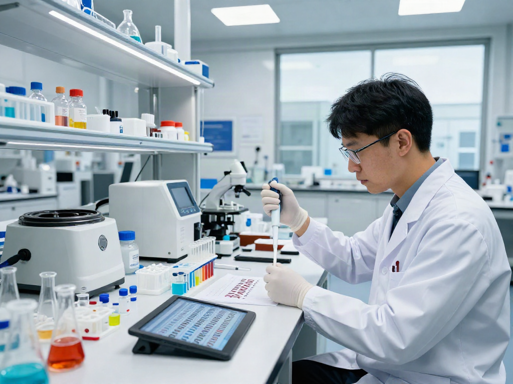 Scientist synthesizing peptide research products in a modern lab, showcasing advanced research techniques.