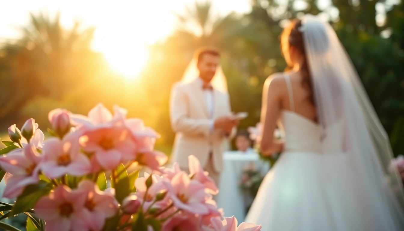 Wedding photographer capturing a romantic outdoor ceremony surrounded by flowers and warm sunlight.