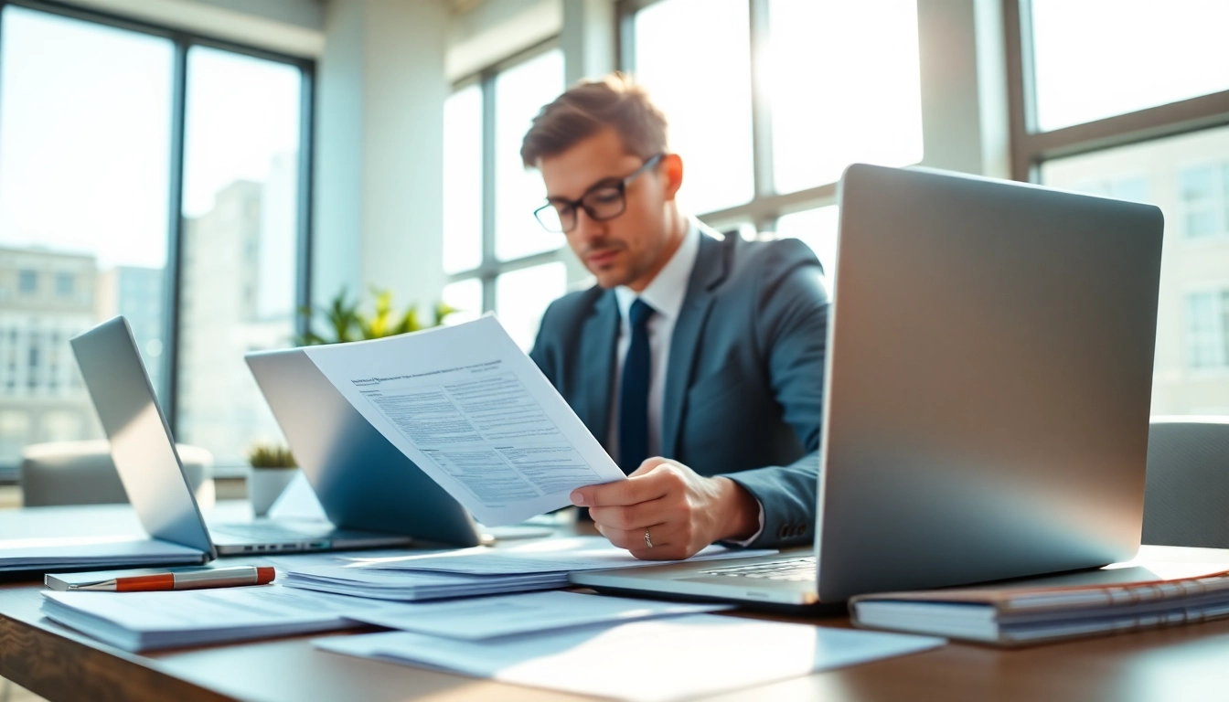 Business professional ensuring annual compliance by reviewing vital documents in a bright office.