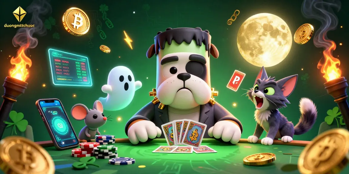 Engage with duongmatchuoc as a Frankenstein bulldog deals cards at a spooky table surrounded by vibrant elements.