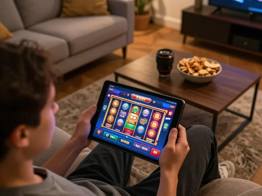 TG88 user enjoying a variety of casino games on a tablet in a cozy home setting, reflecting responsible entertainment.