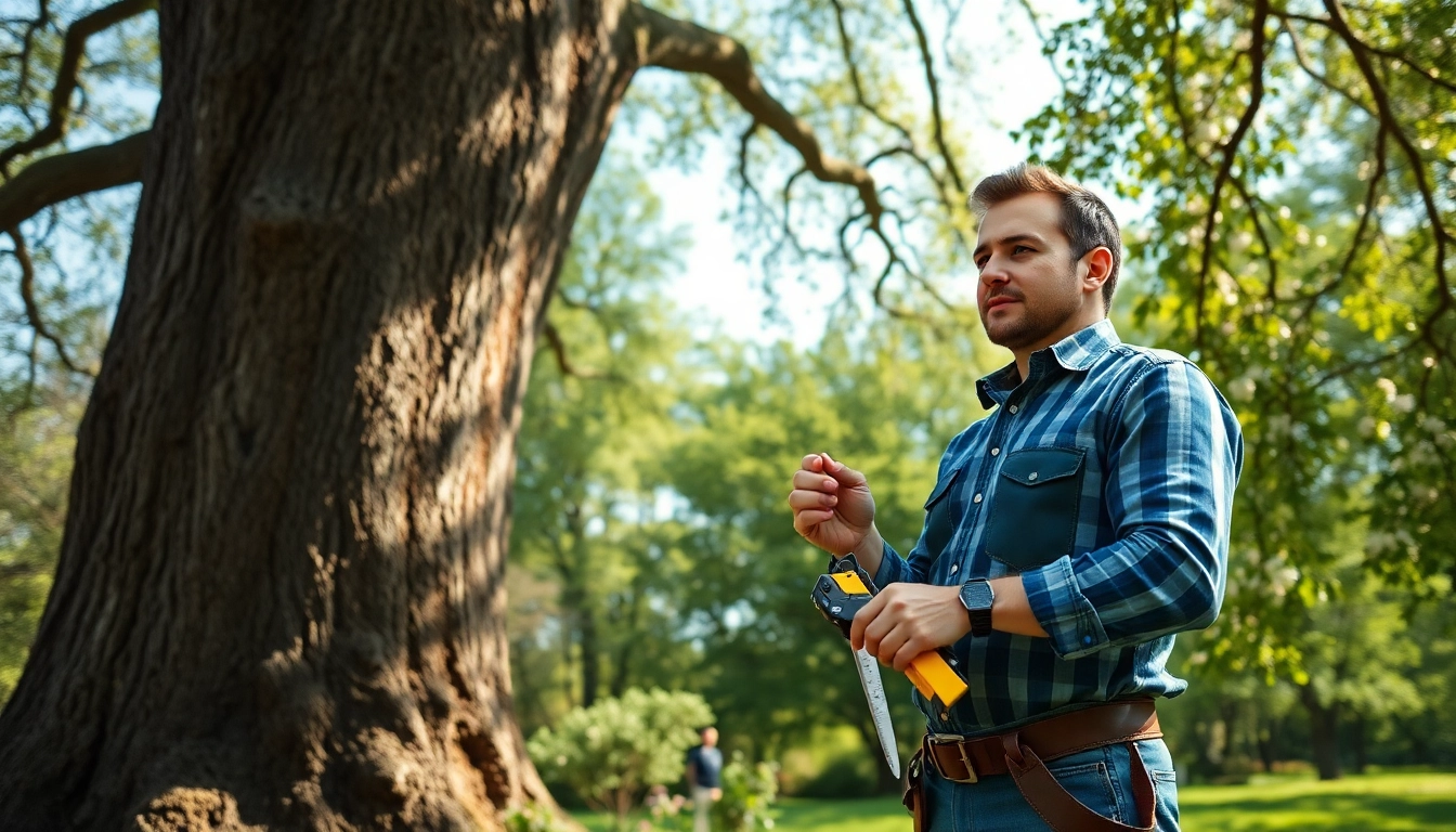 A tree consultancy expert evaluates a majestic oak tree with pruning tools in a serene park.