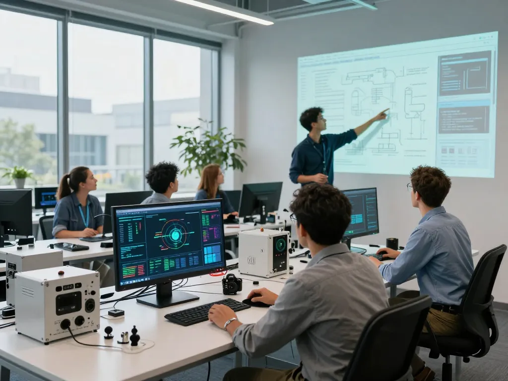 Engineers collaborating on Siemens technology project in modern workspace.