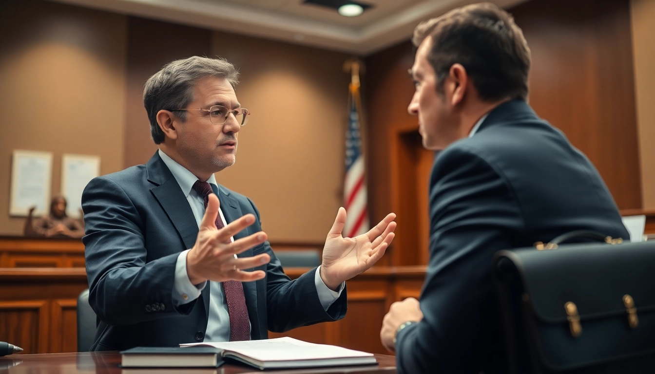 Asheville DWI defense lawyer advising a client in a courtroom setting, showcasing professionalism and expertise.