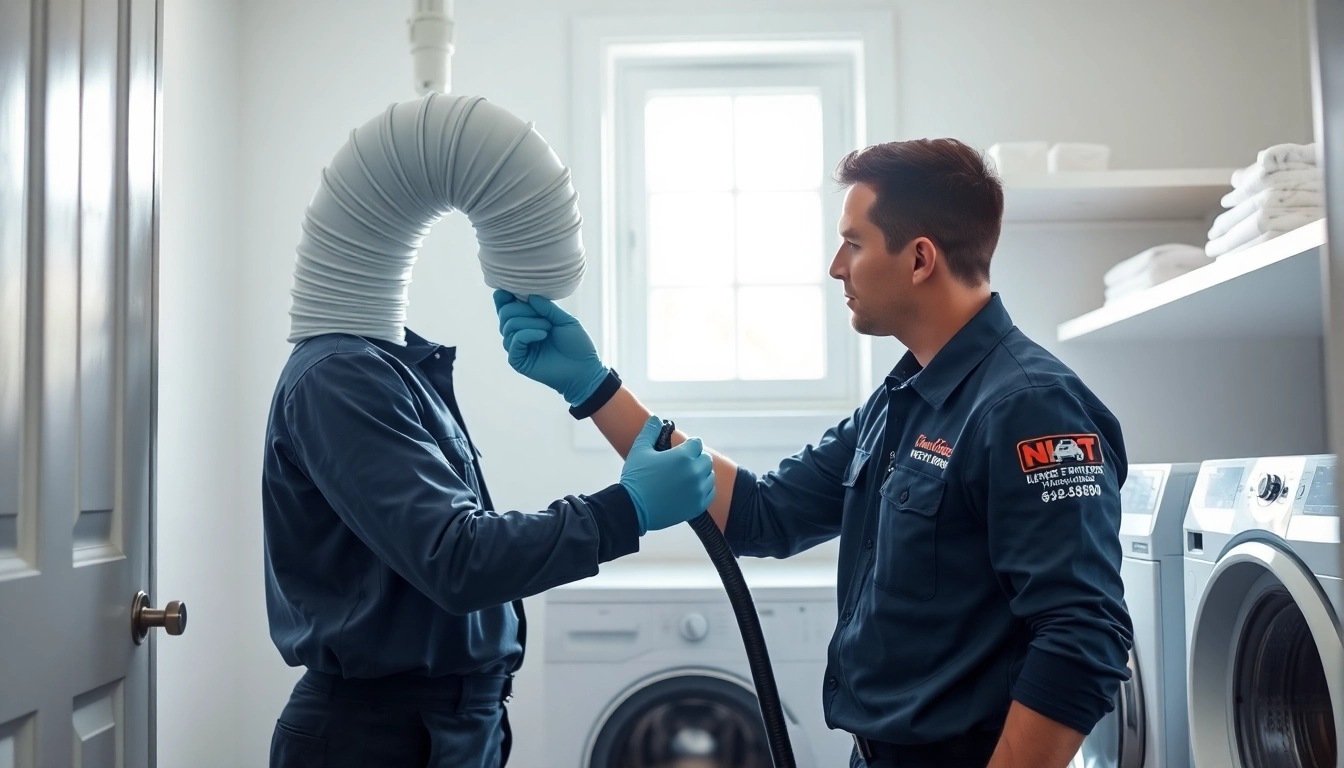 Dryer Vent Cleaning service by a professional technician in a modern laundry room
