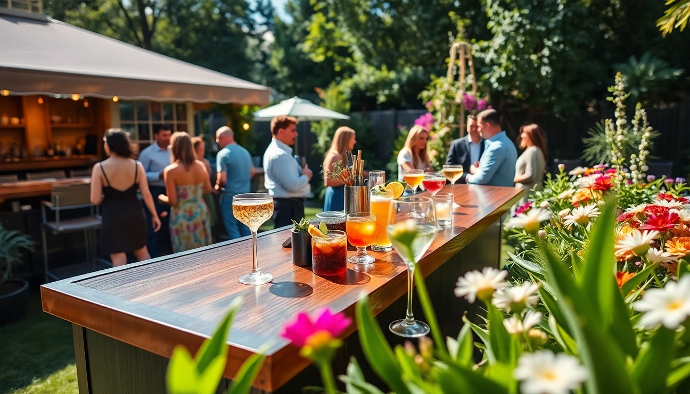Mobile bar service creating a vibrant garden atmosphere with a sleek bar setup.