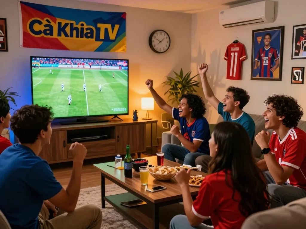 Cà Khịa TV fans enjoying a live football match in a vibrant atmosphere with snacks and memorabilia.
