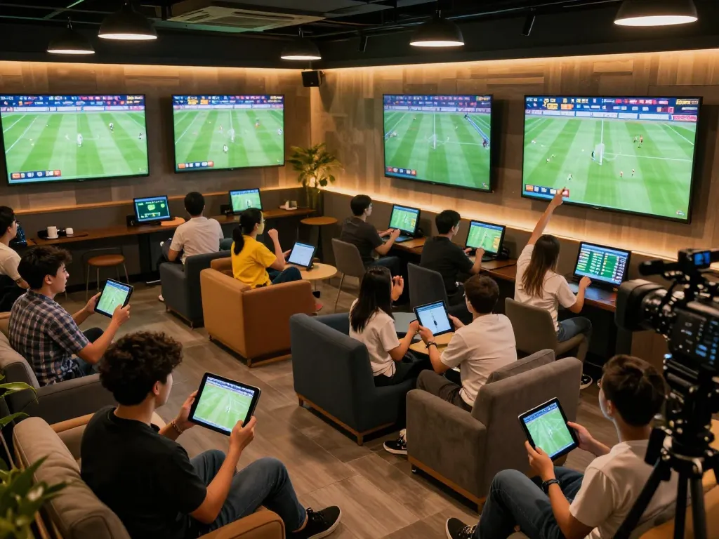 Engaged sports fans tracking bóng đá lu live scores and betting odds in a vibrant sports lounge.