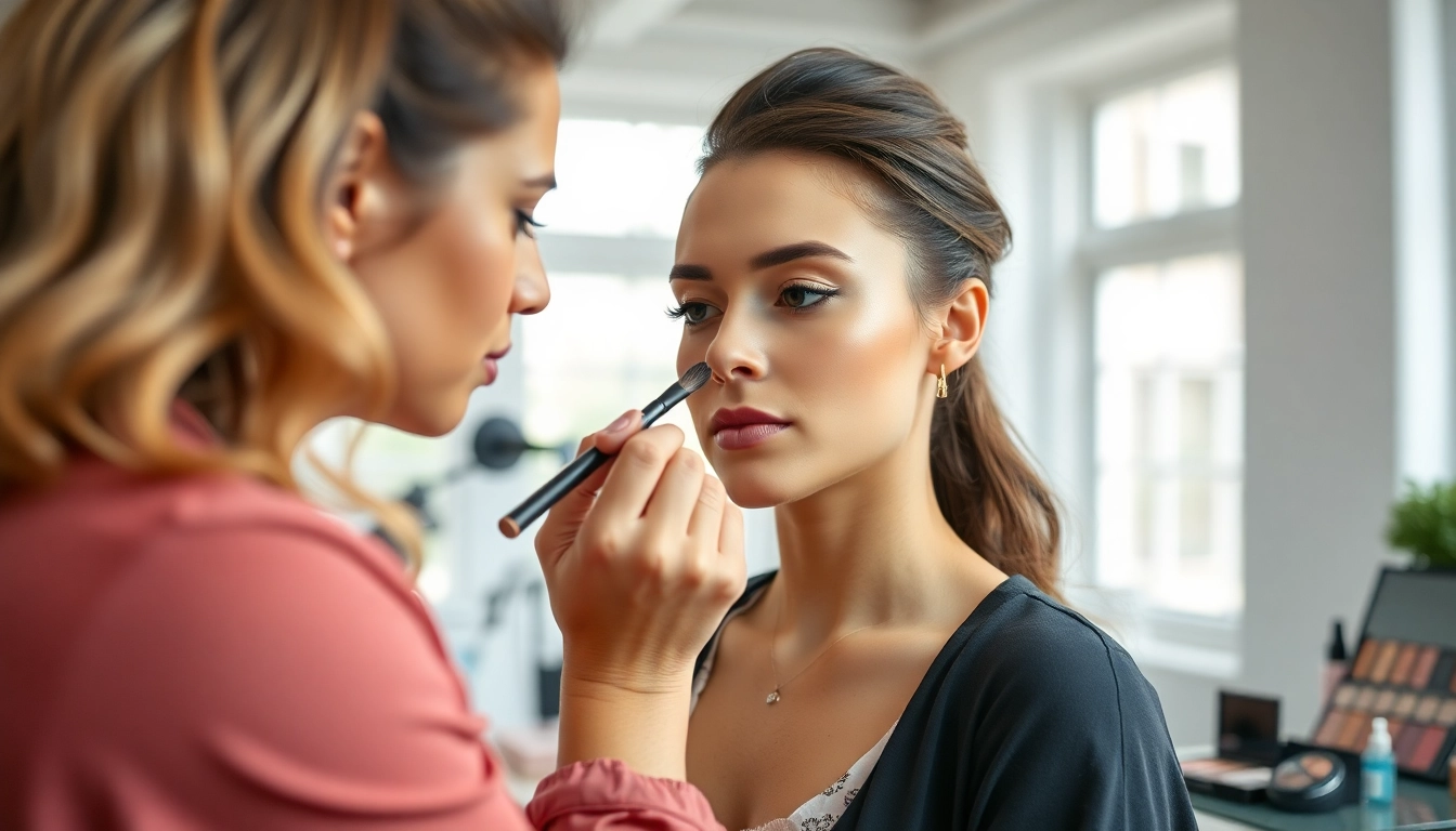 Philadelphia makeup artist expertly applying makeup to a model in a bright studio setting