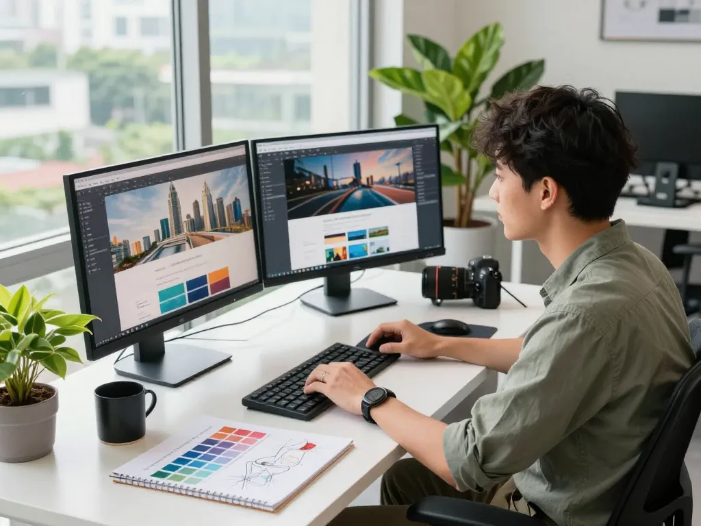 Freelance website designer Kuala Lumpur working in a creative modern office setup with dual monitors, sketchpads, and natural light.