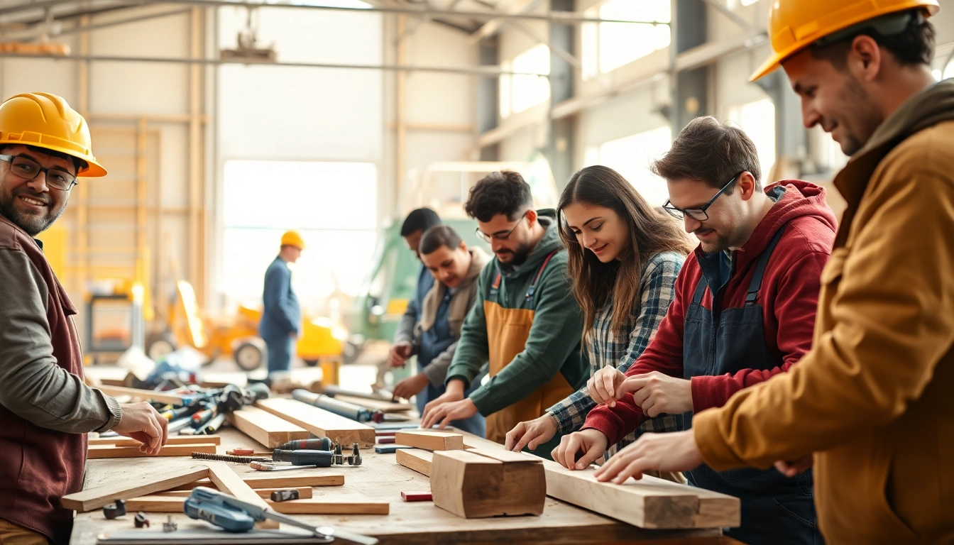 Engaging construction craft training session with diverse participants in a bright workshop.