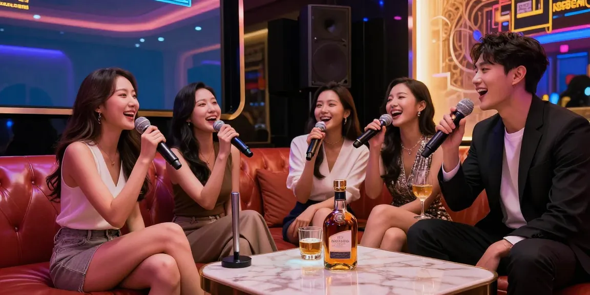강남가라오케에서 즐거운 시간을 보내는 친구들, 화려한 조명과 고급 음향 시스템으로 가득 찬 프라이빗 룸
