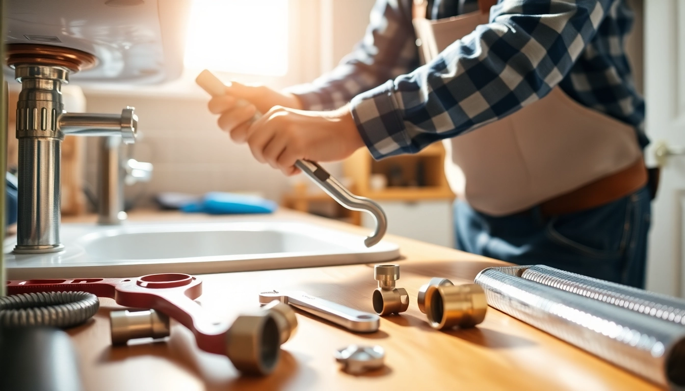 Plumber repairing a sink with tools in a bright home setting.