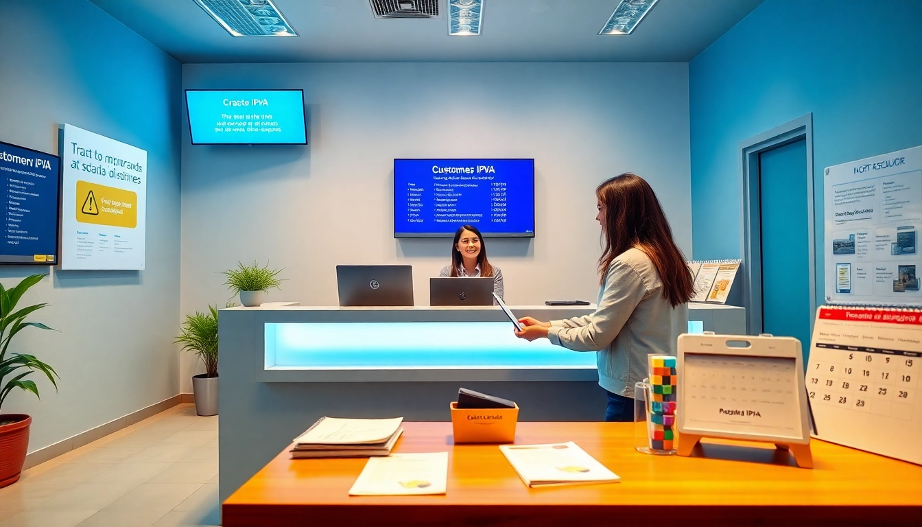 Modern Detran GO office showing a friendly representative assisting clients with IPVA services.