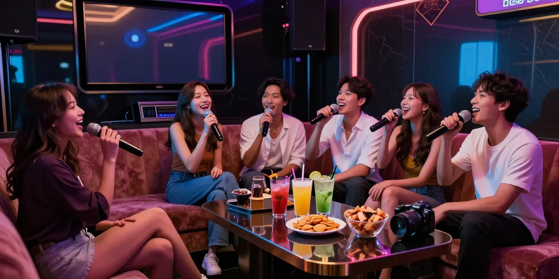 강남 가라오케에서 친구들과 함께 즐거운 노래를 부르는 화려한 룸과 아늑한 분위기