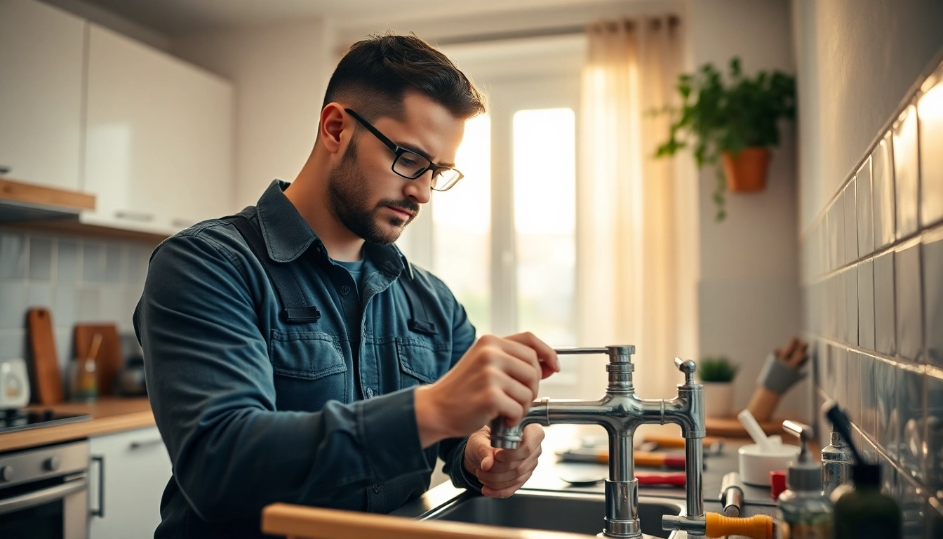 Find a reliable plumber near me fixing a faucet in a modern kitchen.