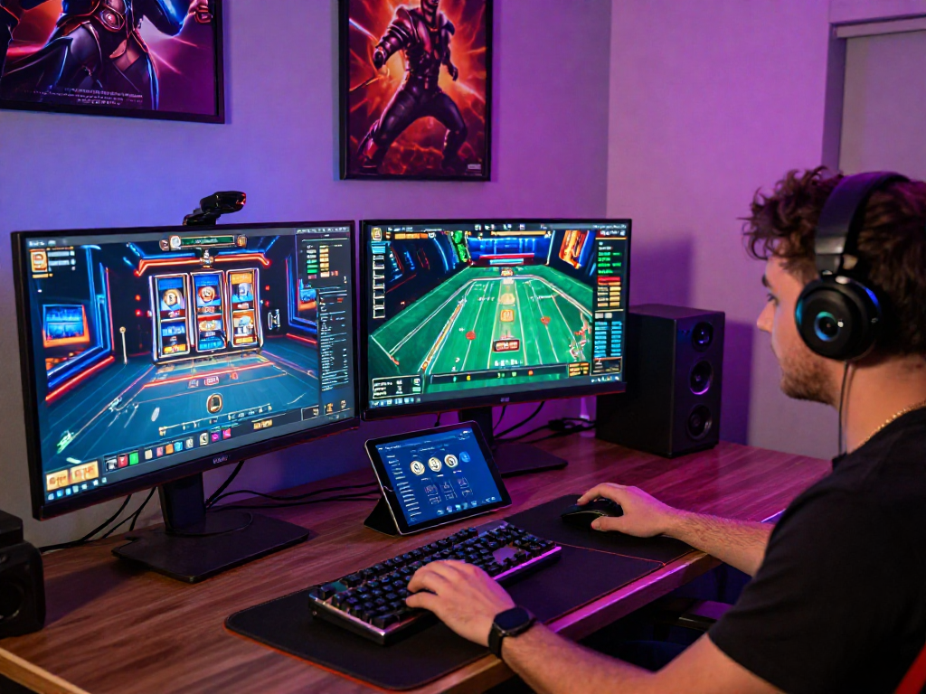 Immersive crypto casino gaming scene featuring a player with monitors, vibrant LED lights, and cryptocurrency charts.