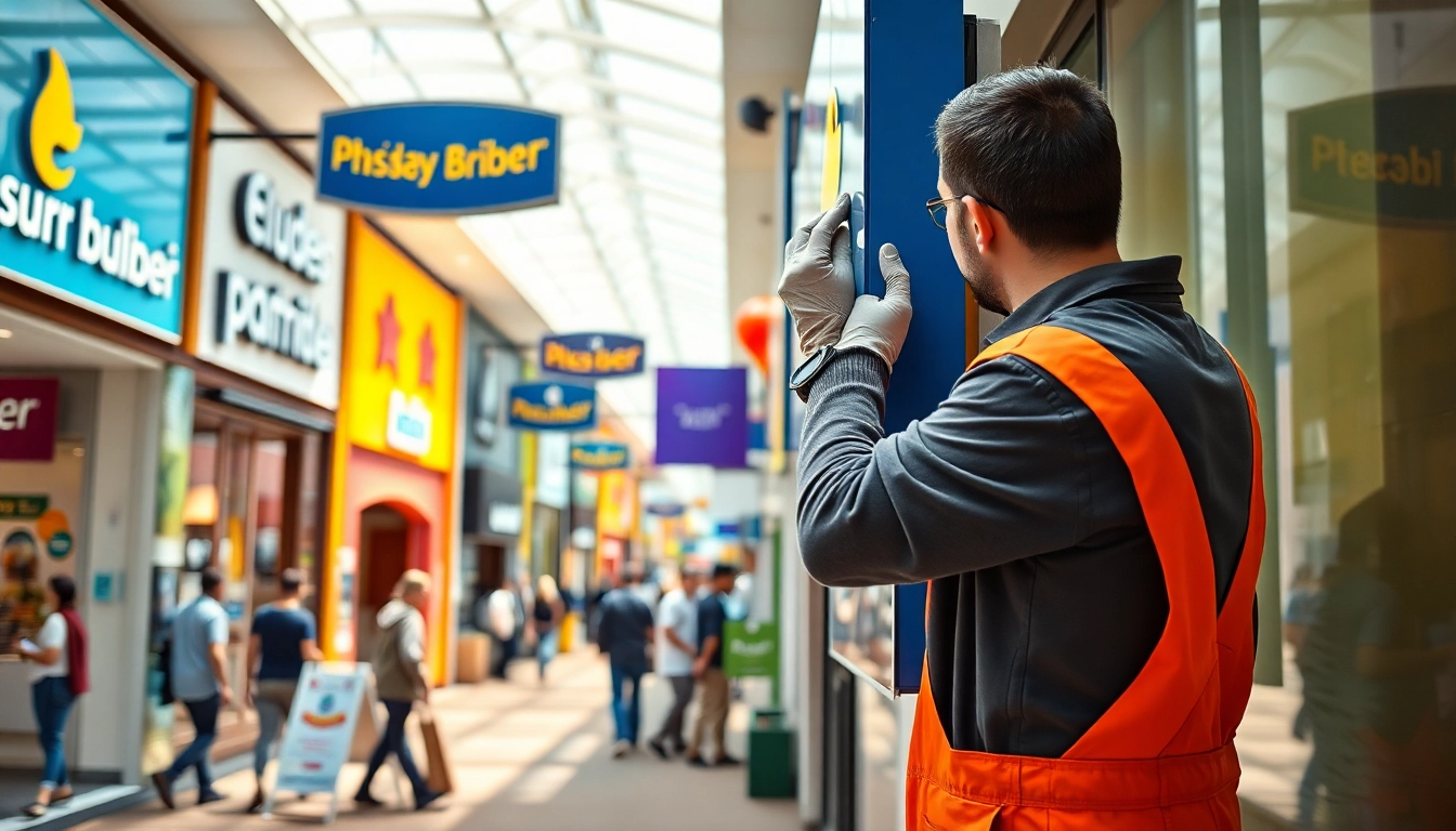 Sign company edmonton technician expertly installing vibrant signage in a busy shopping plaza.