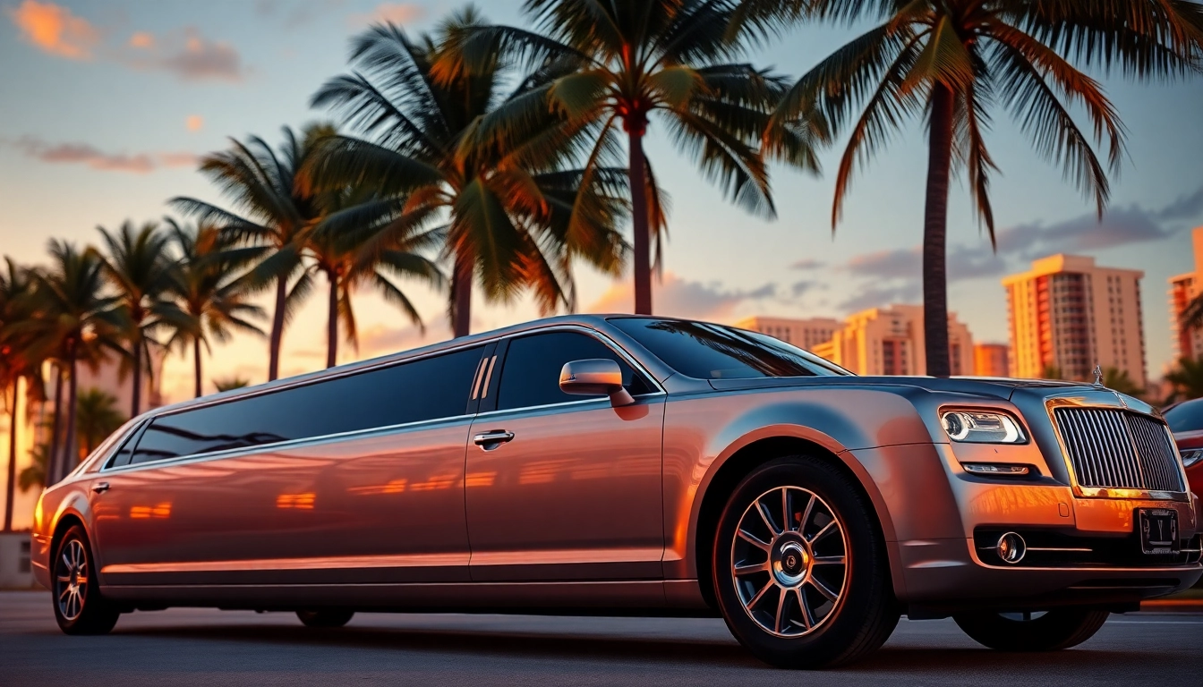Experience the elegance of a Miami limousine parked elegantly against a stunning skyline.