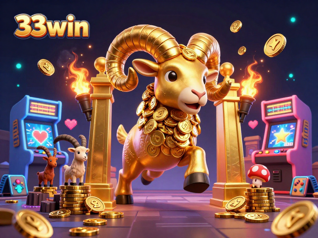 Experience the thrill of 33win with a golden ram charging through a vibrant casino scene.