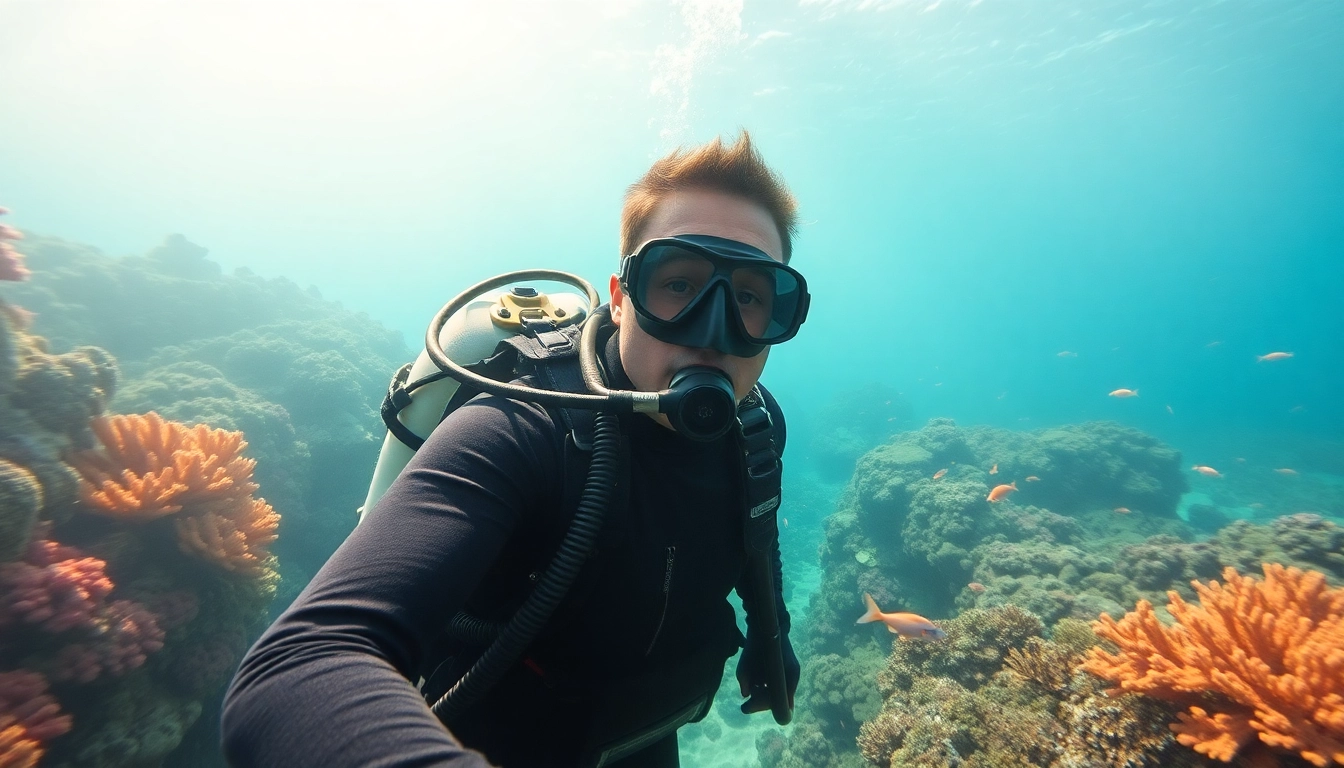 Tauchen Lernen in einer lebhaften Unterwasserwelt mit einem Taucher und bunten Korallen.