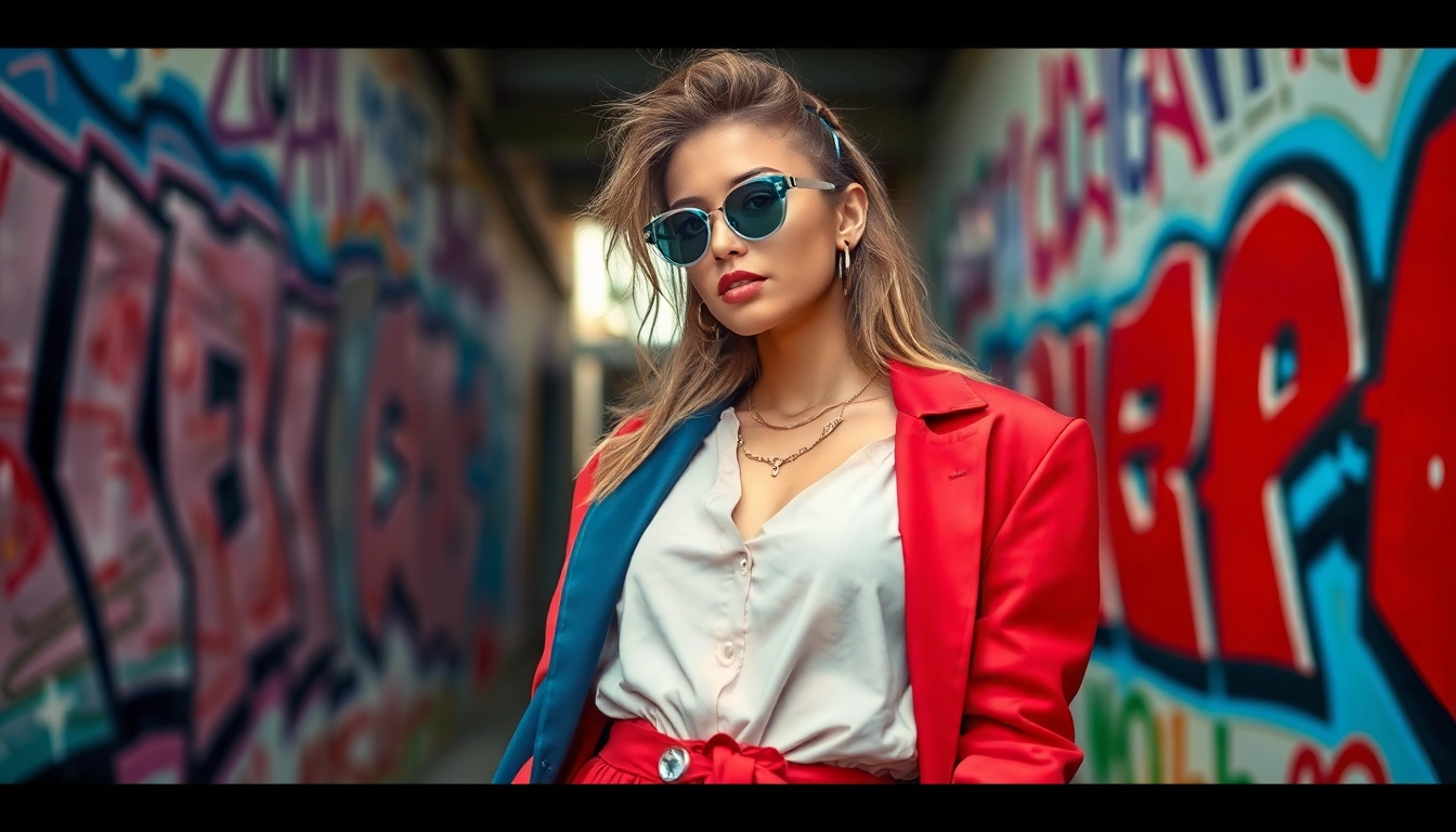 Model presents Fashion trends in an urban setting, showcasing contemporary styles and vibrant graffiti.