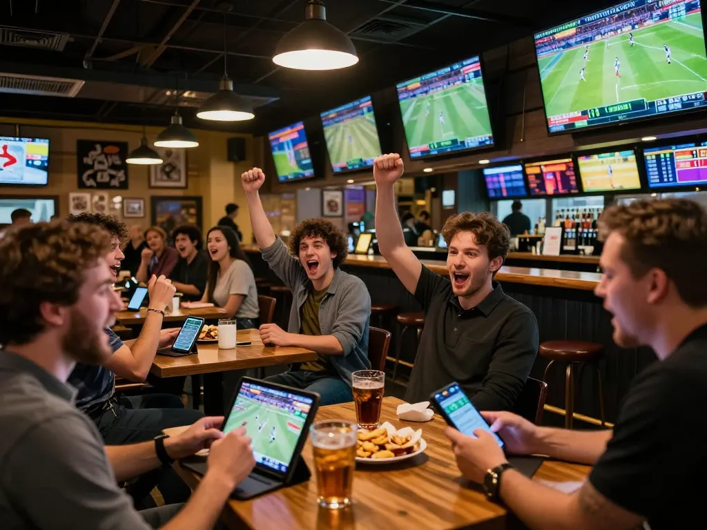 DEWAGG users placing smart bets in a lively sports bar during live game streaming.