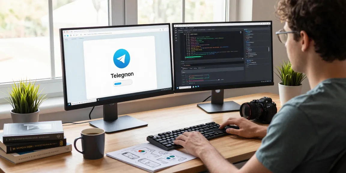 Innovative workspace showcasing the 纸飞机下载 app development process with dual monitors and coding elements.