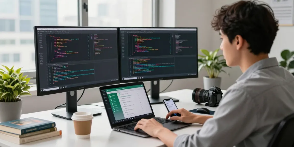 Developer coding WhatsApp下載 interface at a modern workspace with dual monitors and natural light.