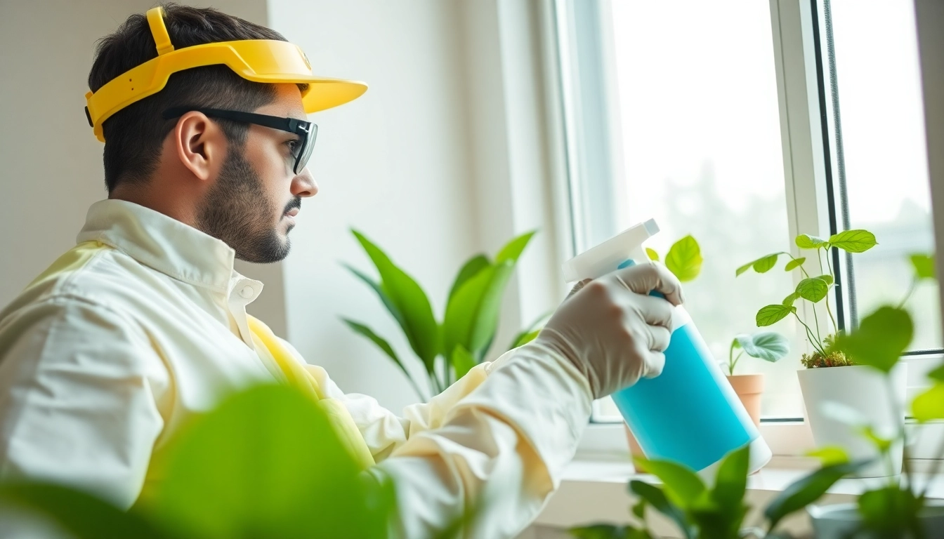 Preventive pest treatment by a technician in a bright, clean home environment.