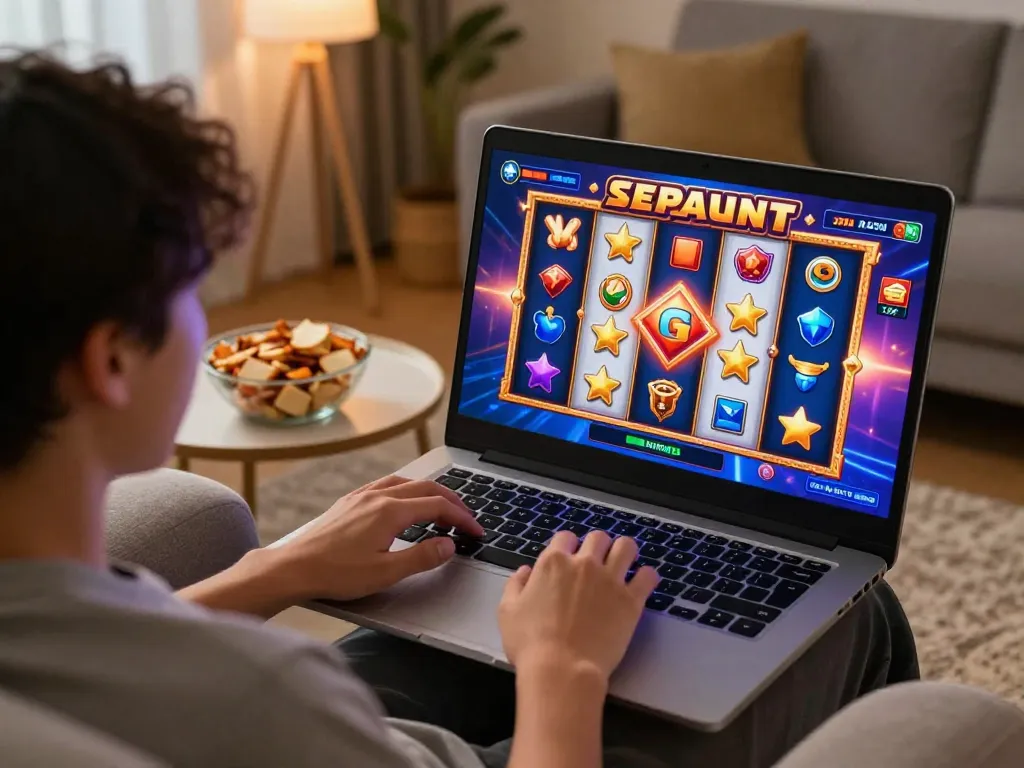 Engaged player enjoying slot gacor jepang on laptop in cozy living room during gaming session.