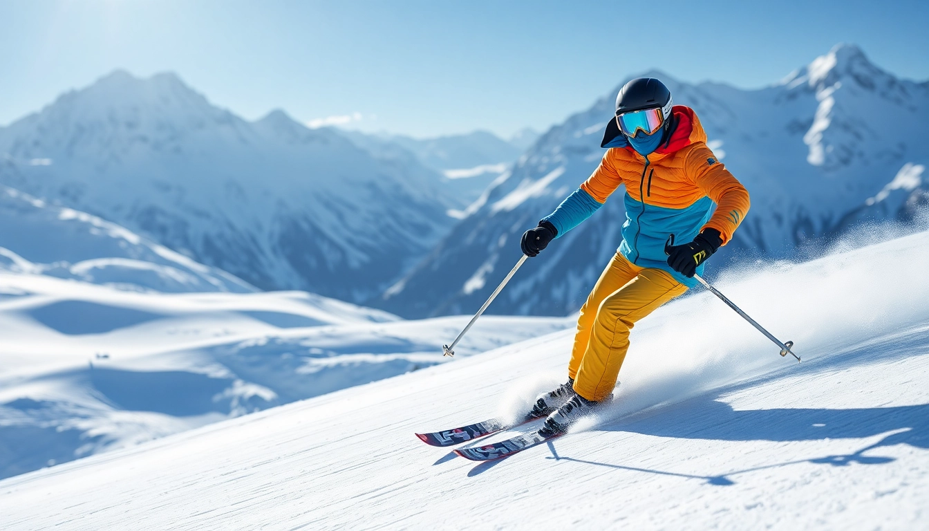 Skier demonstrating the best ski gear on a snowy mountain, emphasizing athleticism and style.