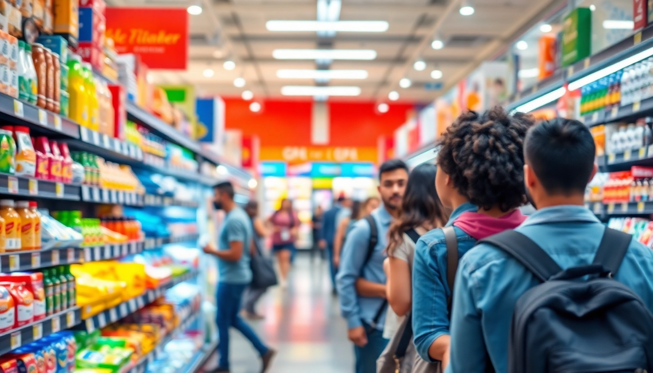 Engaging scene depicting modern trade in a vibrant supermarket with organized product displays.