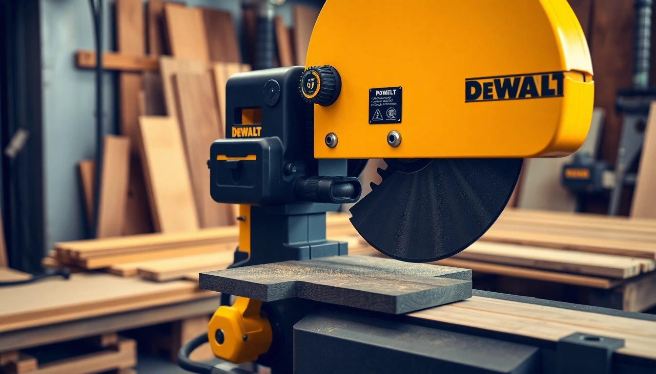 The DeWalt band saw skillfully cutting through wood, highlighting its precision and robust design in action.