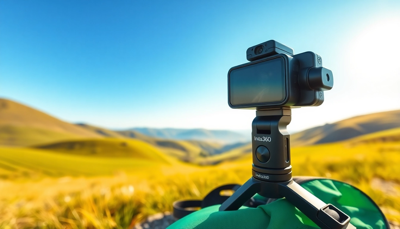 Insta360 camera capturing stunning landscape scenery in a vibrant outdoor setting.