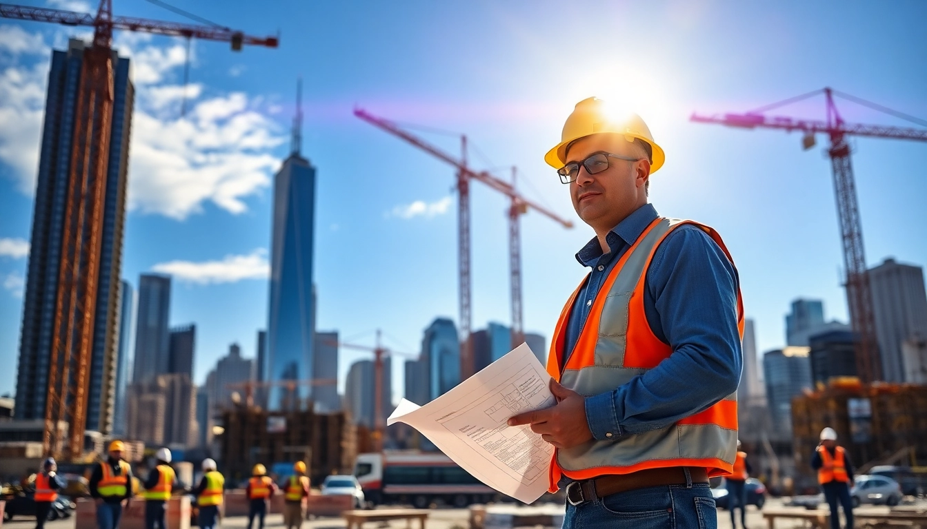 New York City Construction Manager guiding a dynamic construction site with cranes and energy.