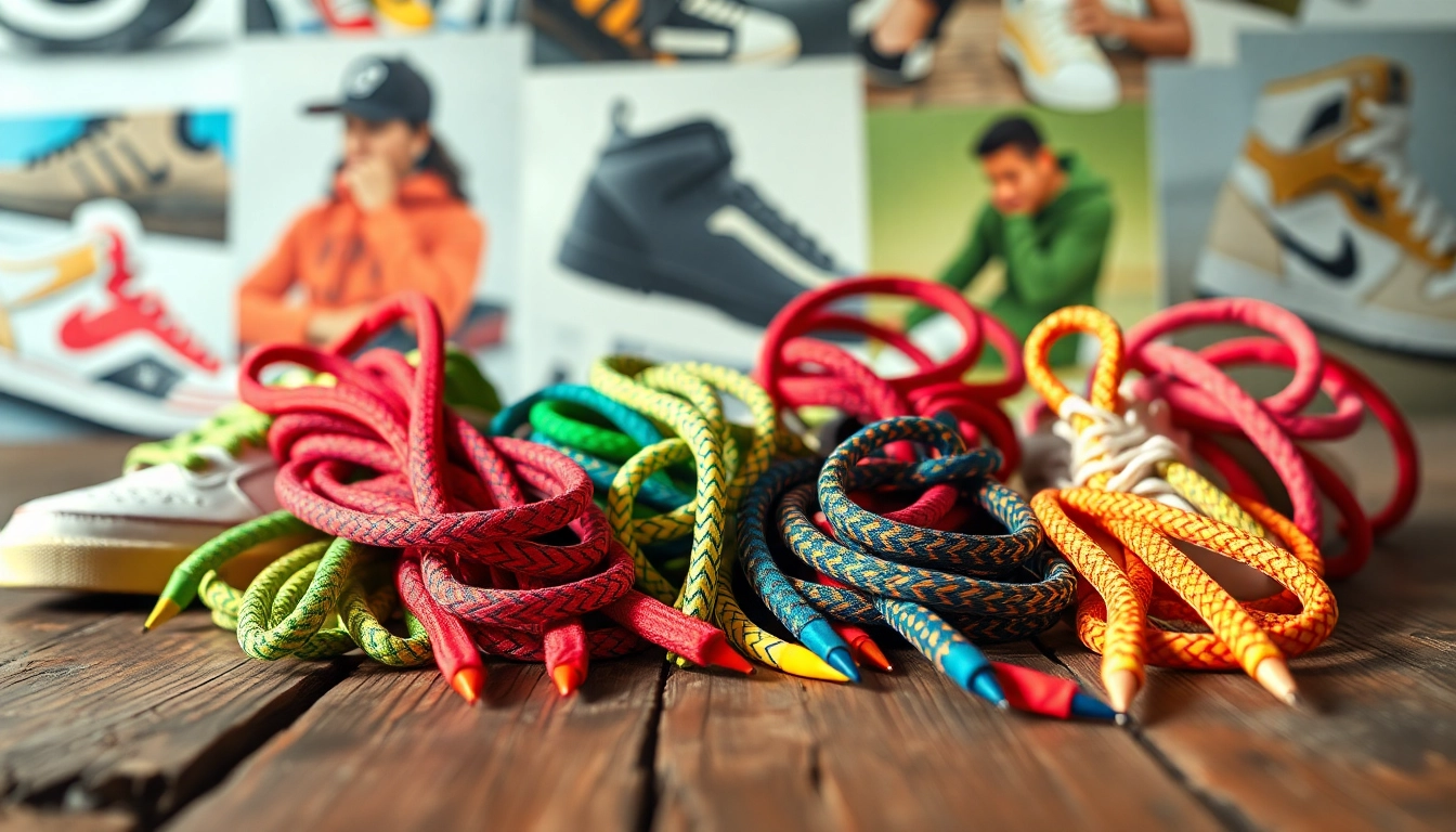 Showcase of colorful wholesale shoelaces for sneaker shops featuring various styles and textures.