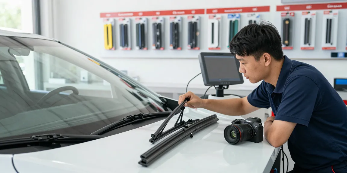 Technician inspecting flat wiper blades in a bright automotive service center.