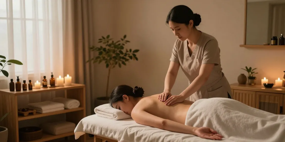 삼성동마사지에서의 편안한 스웨디시 마사지 장면, 아로마 오일과 촛불로 아늑한 분위기 연출