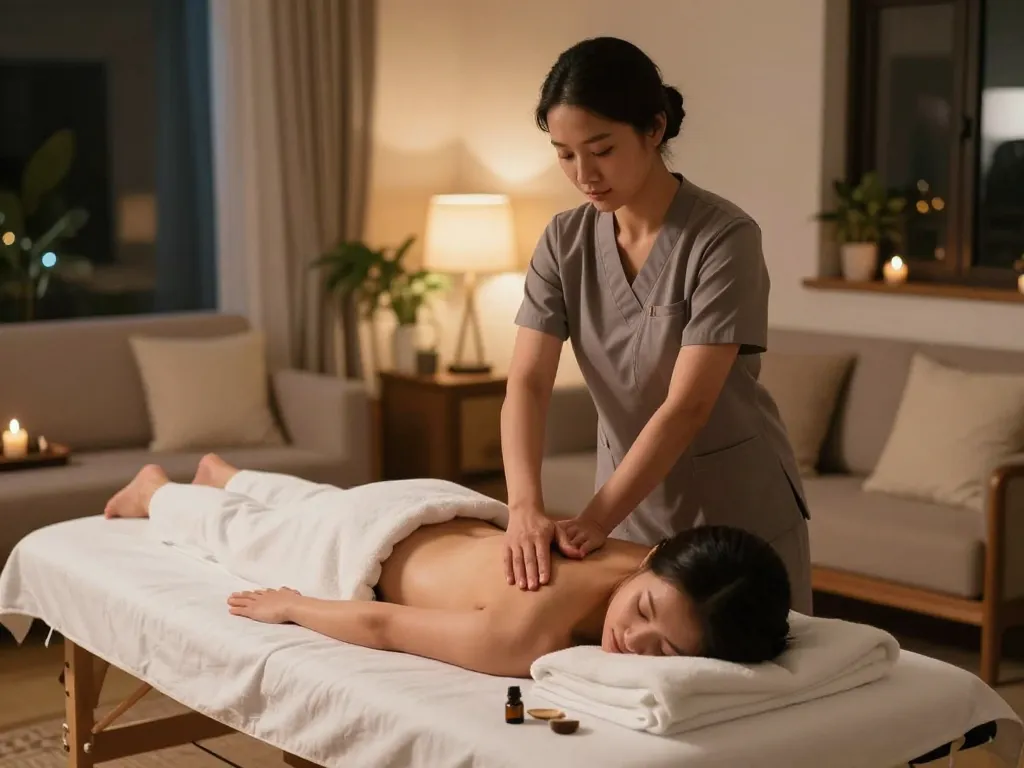 부천 출장마사지 therapist providing relaxing home massage in soothing environment