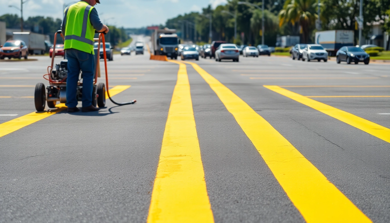 Parking lot striping I-55 corridor Jackson MS being expertly applied, highlighting quality craftsmanship and safety.