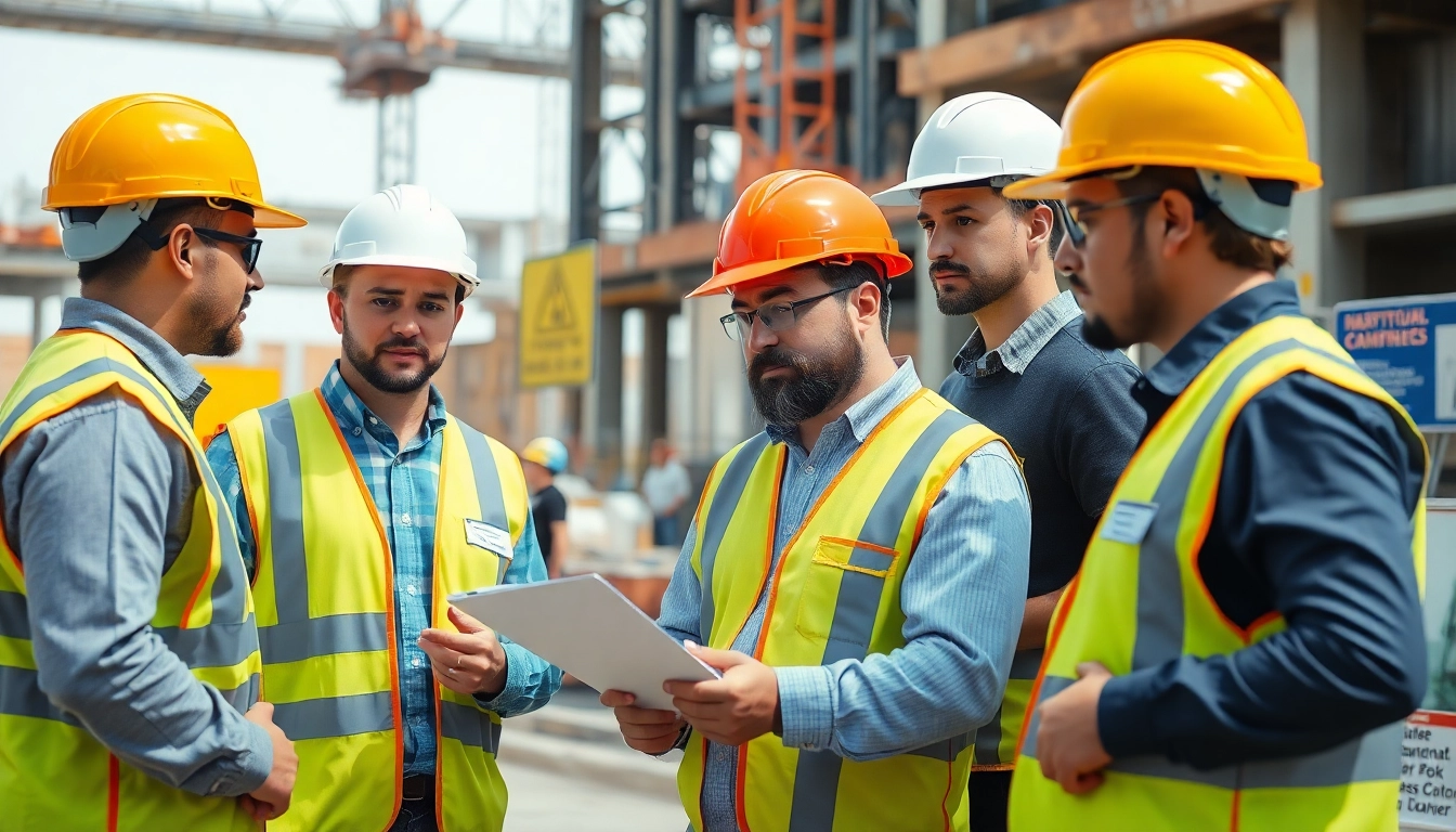Construction safety programs being reviewed by professionals on-site for enhanced safety.