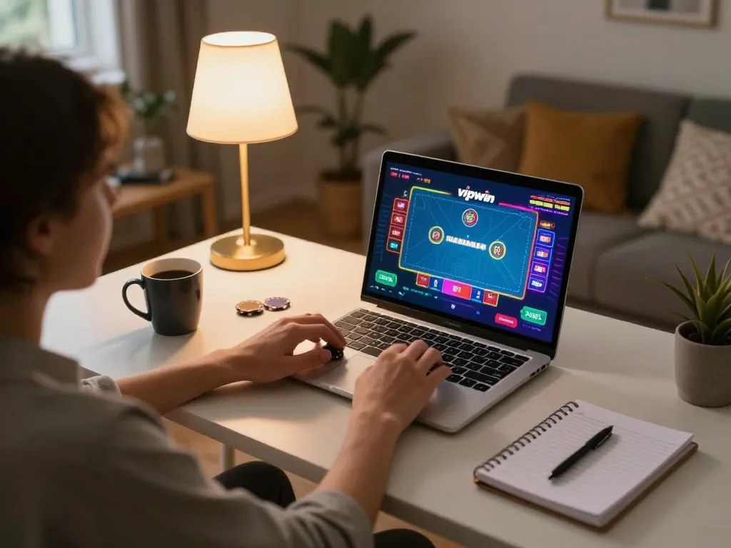 Player strategizing poker on vipwin from a cozy home office