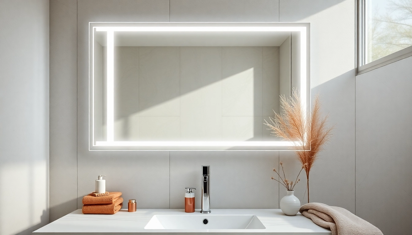 Stylish bathroom mirror with LED light illuminating a modern vanity for enhanced ambiance.