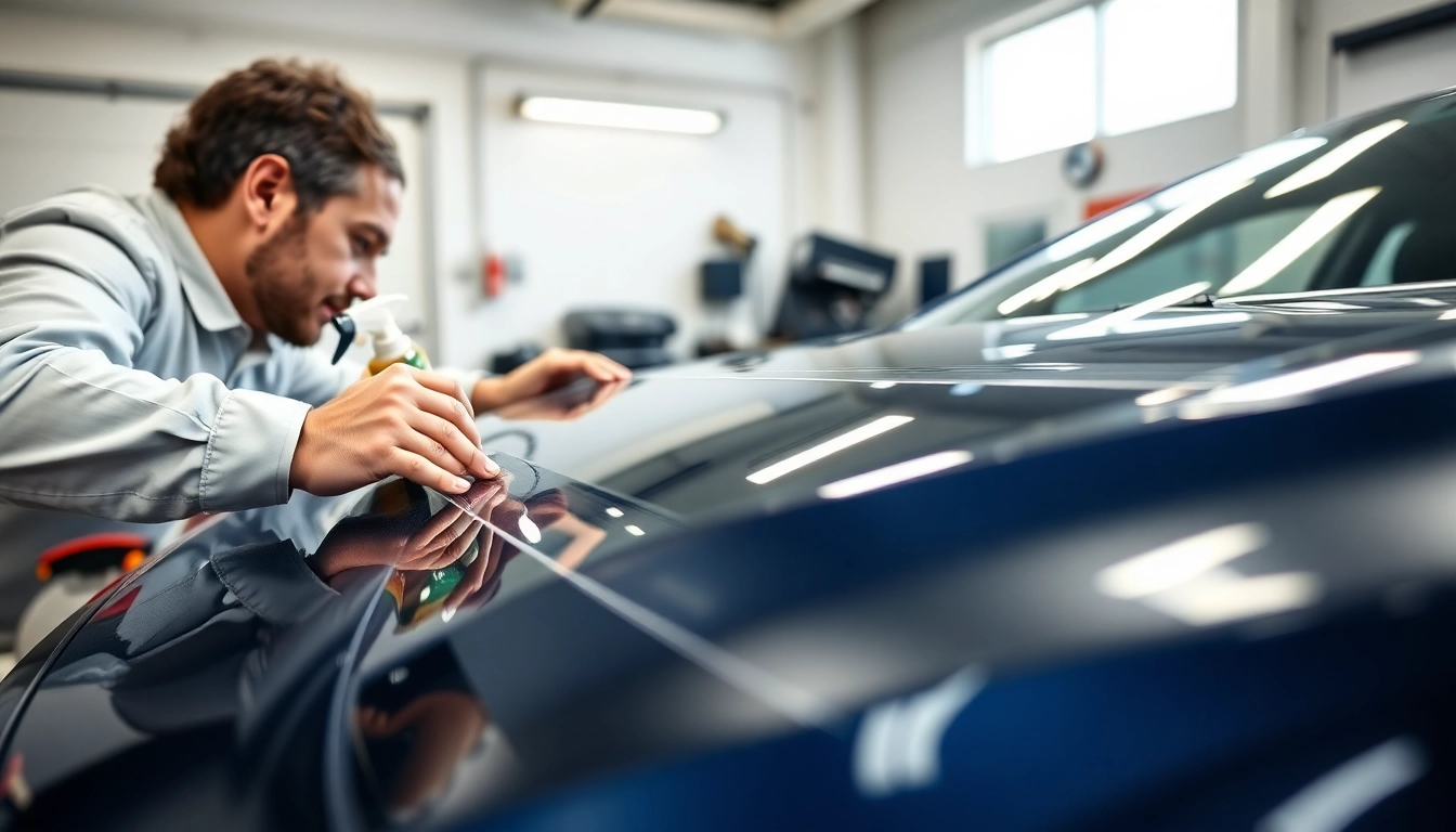 Technician applying paint protection film by a PPF installer in Fort Worth and surrounding areas to a luxury car.