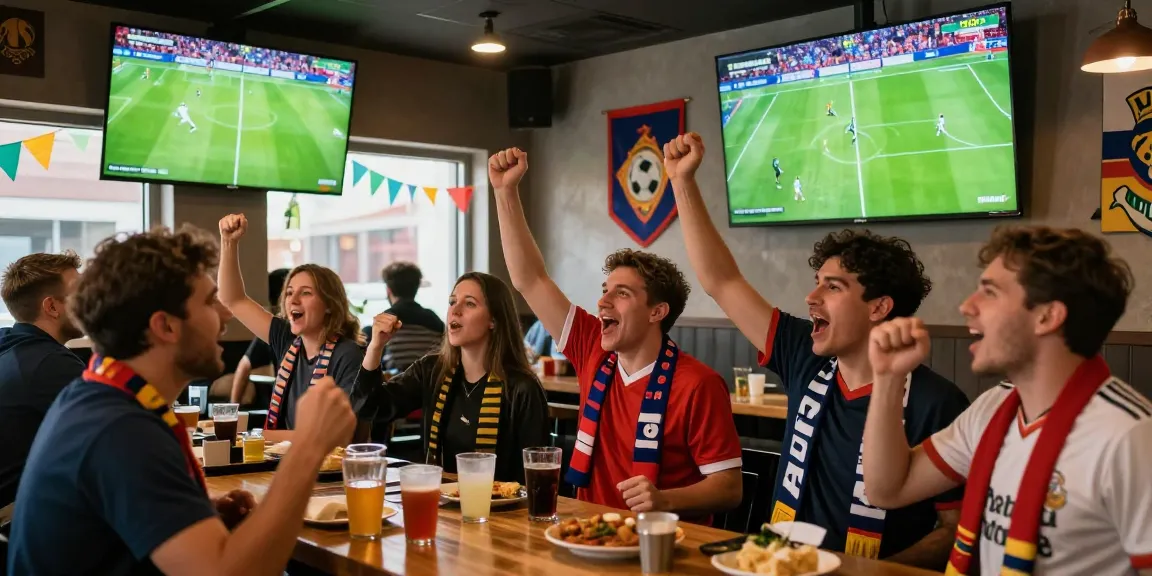 Penggemar merayakan momen gol dalam live streaming bola di bar olahraga.