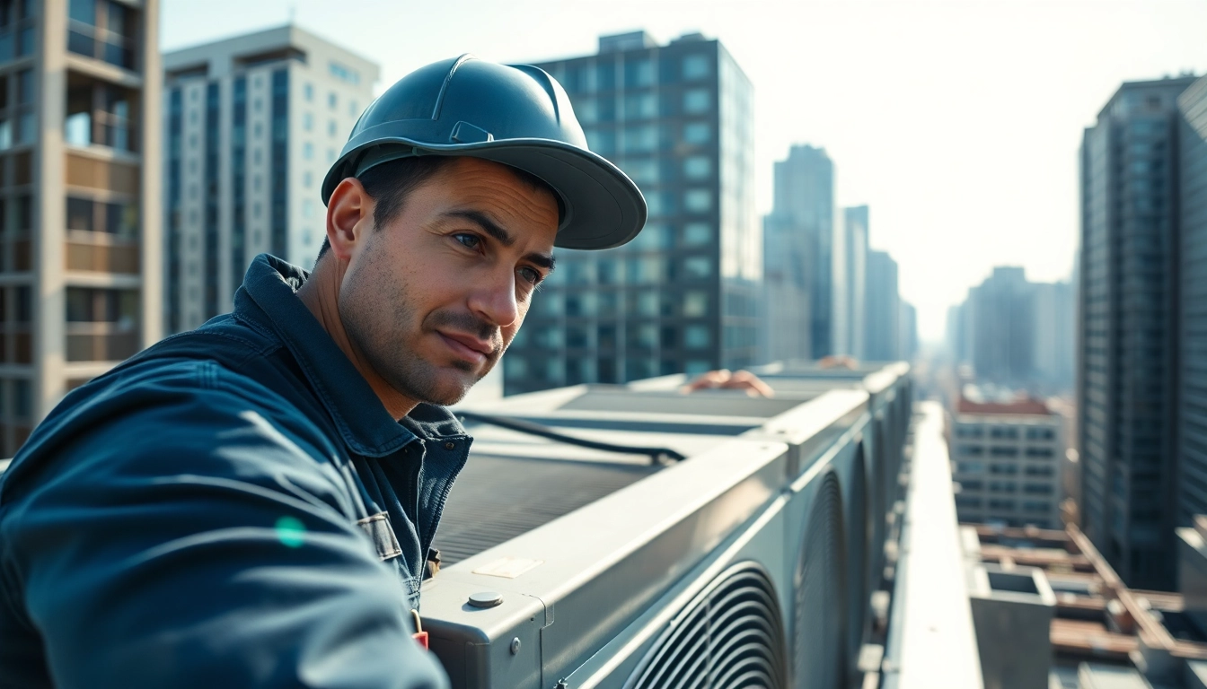 Commercial HVAC technician performing maintenance on rooftop unit in a bustling city.