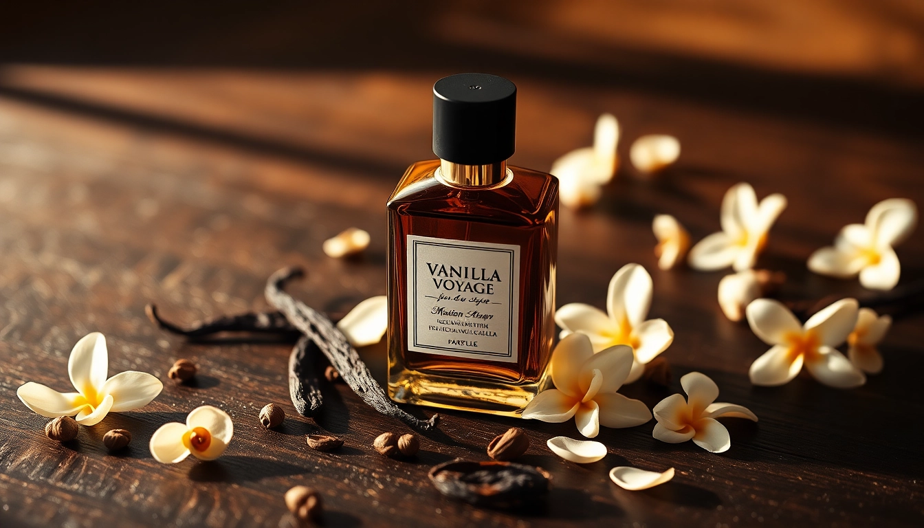 Verken de luxe van Vanilla Voyage by Maison Asrar met een verfijnde parfumfles, omringd door vanille.