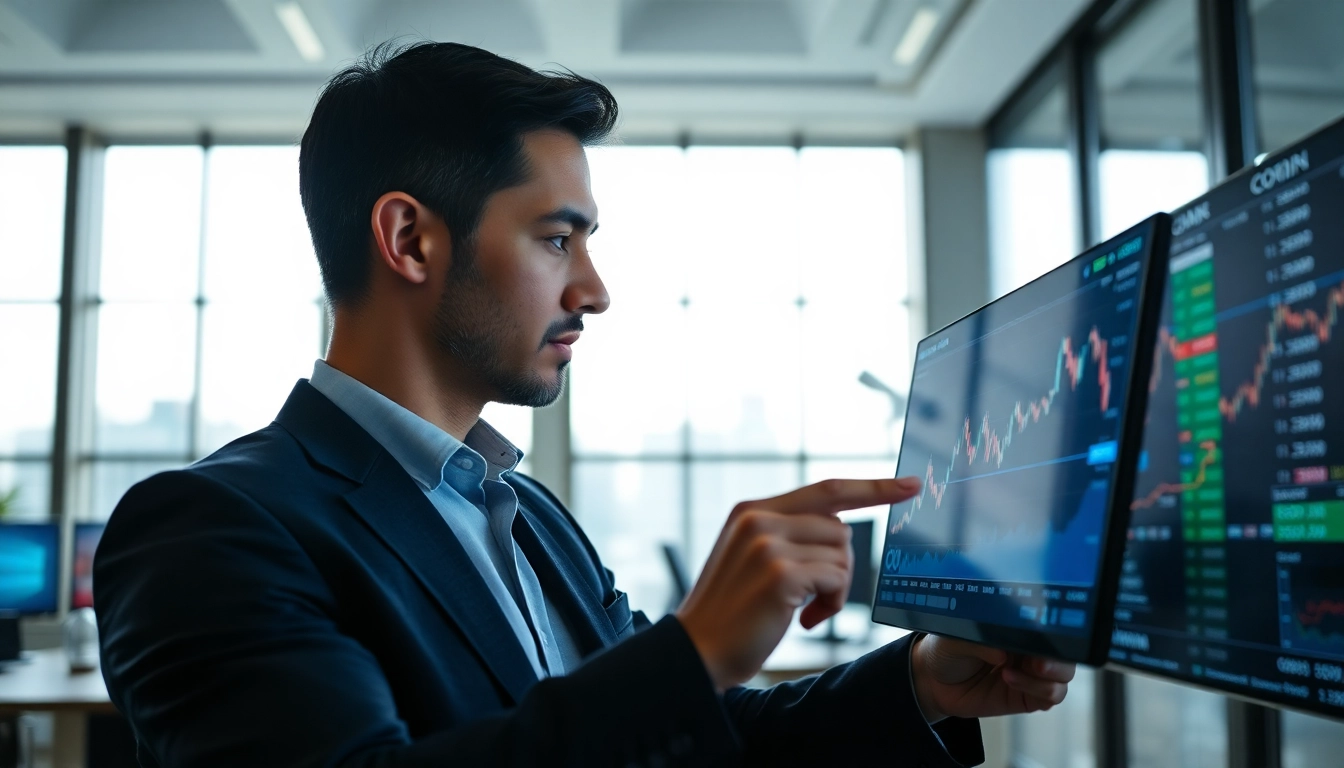 Analyzing COIN stock price trends in a sophisticated office with financial data displays.