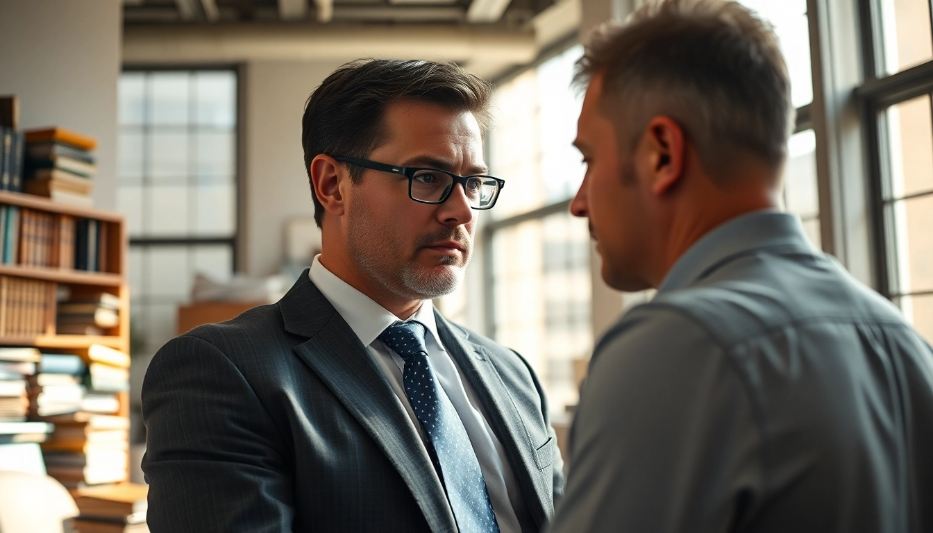 Consultation between a New York City Injury Lawyer and a client in an office.